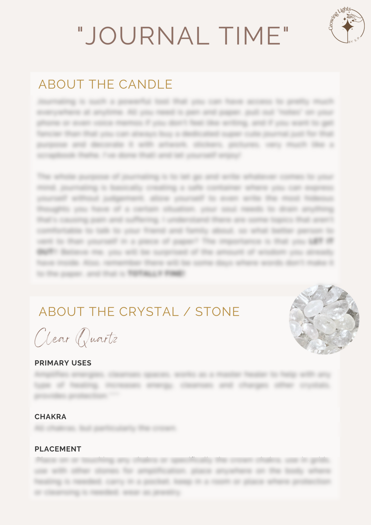 The first page of the Journal Time Candle Workbook by Growing Lights by S.P, featuring an introduction to the purpose and value of the workbook as a tool for self-discovery and inner balance